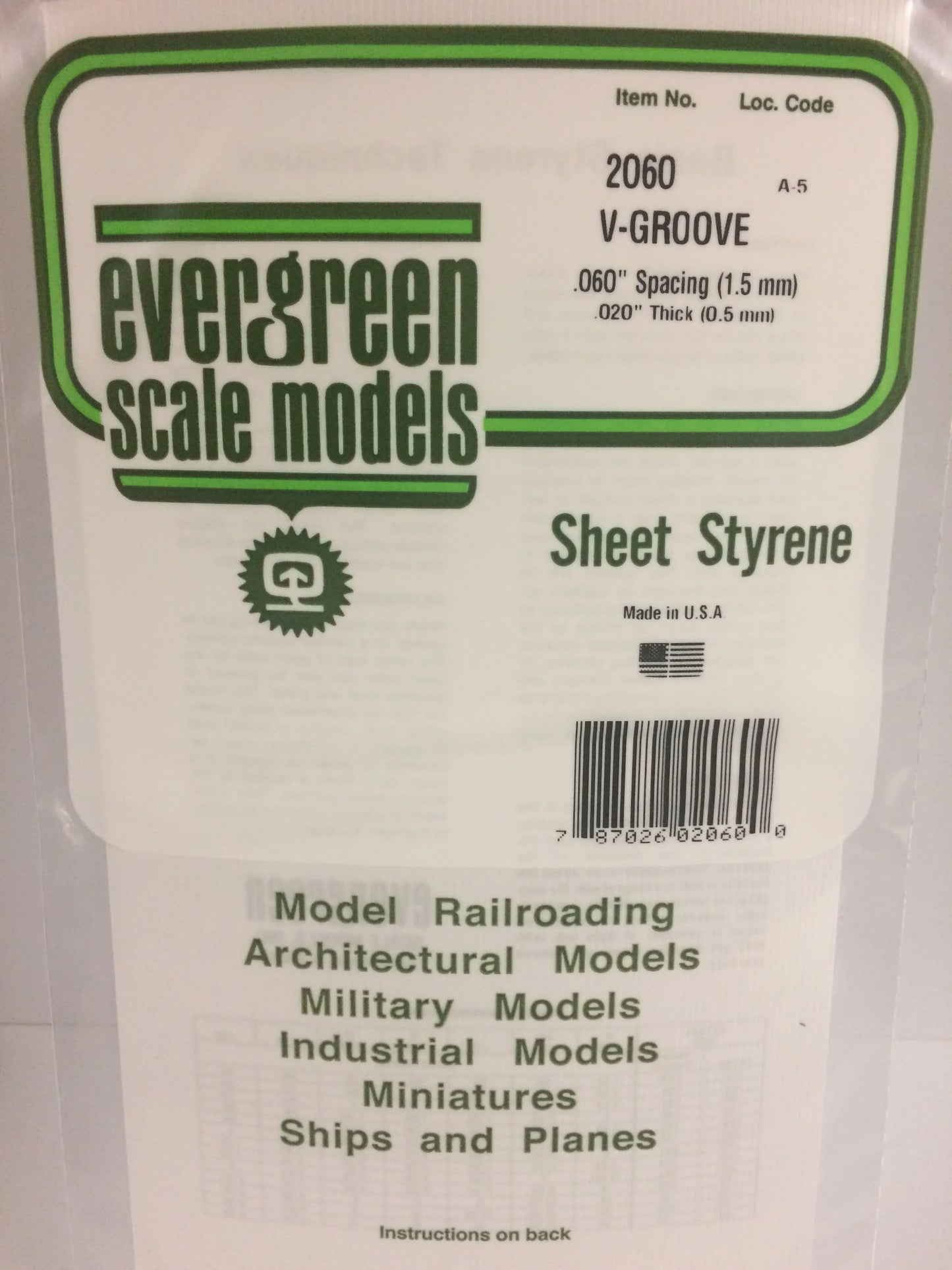 Evergreen White Polystyrene 0.060"(1.5mm) V Groove Siding 0.020" / 0.50mm x 35cm (1pce) 2060