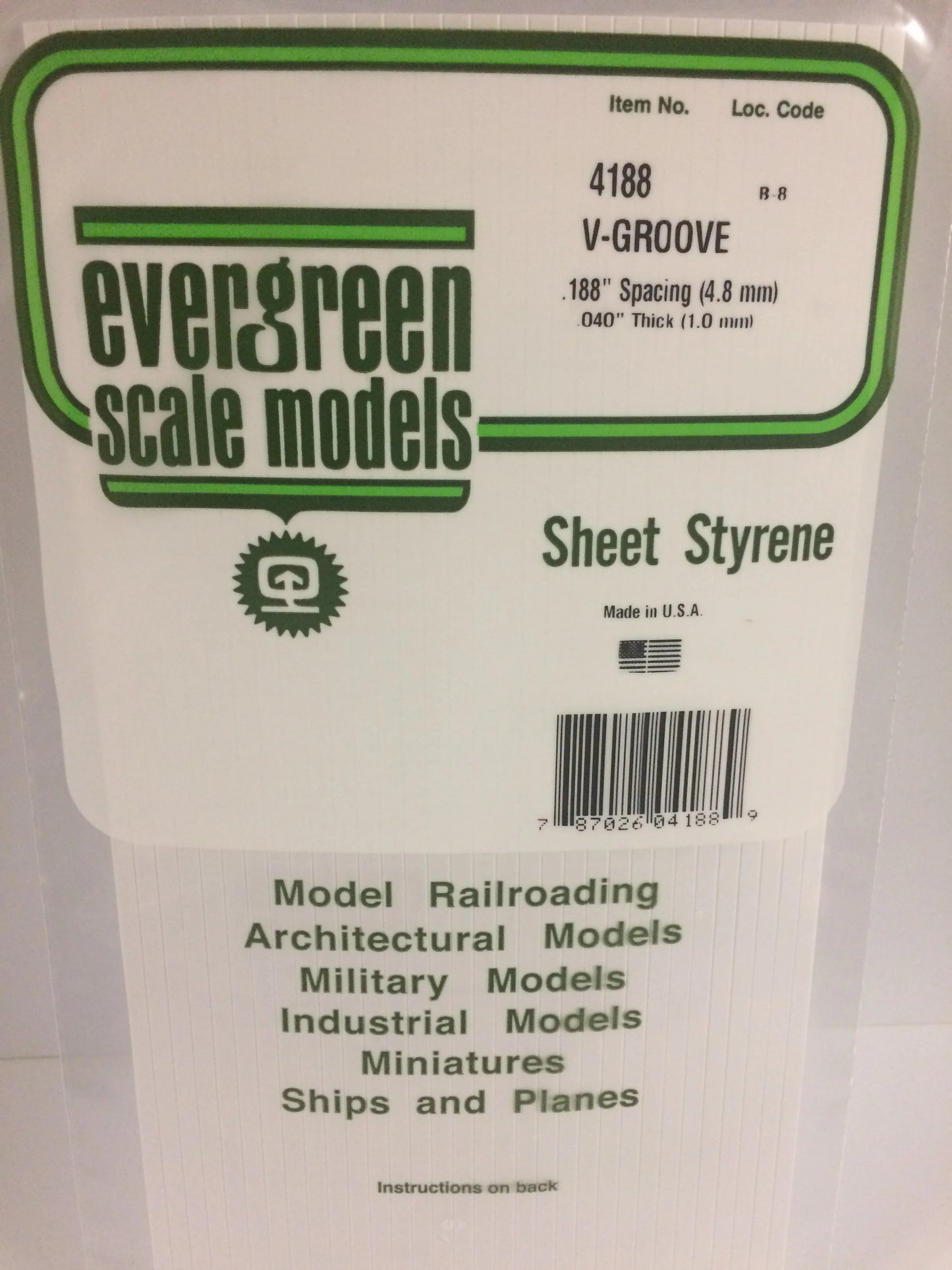 Evergreen White Polystyrene 0.188"(4.8mm) V Groove Siding 0.040" / 1.0mm x 35cm (1pce) 4188