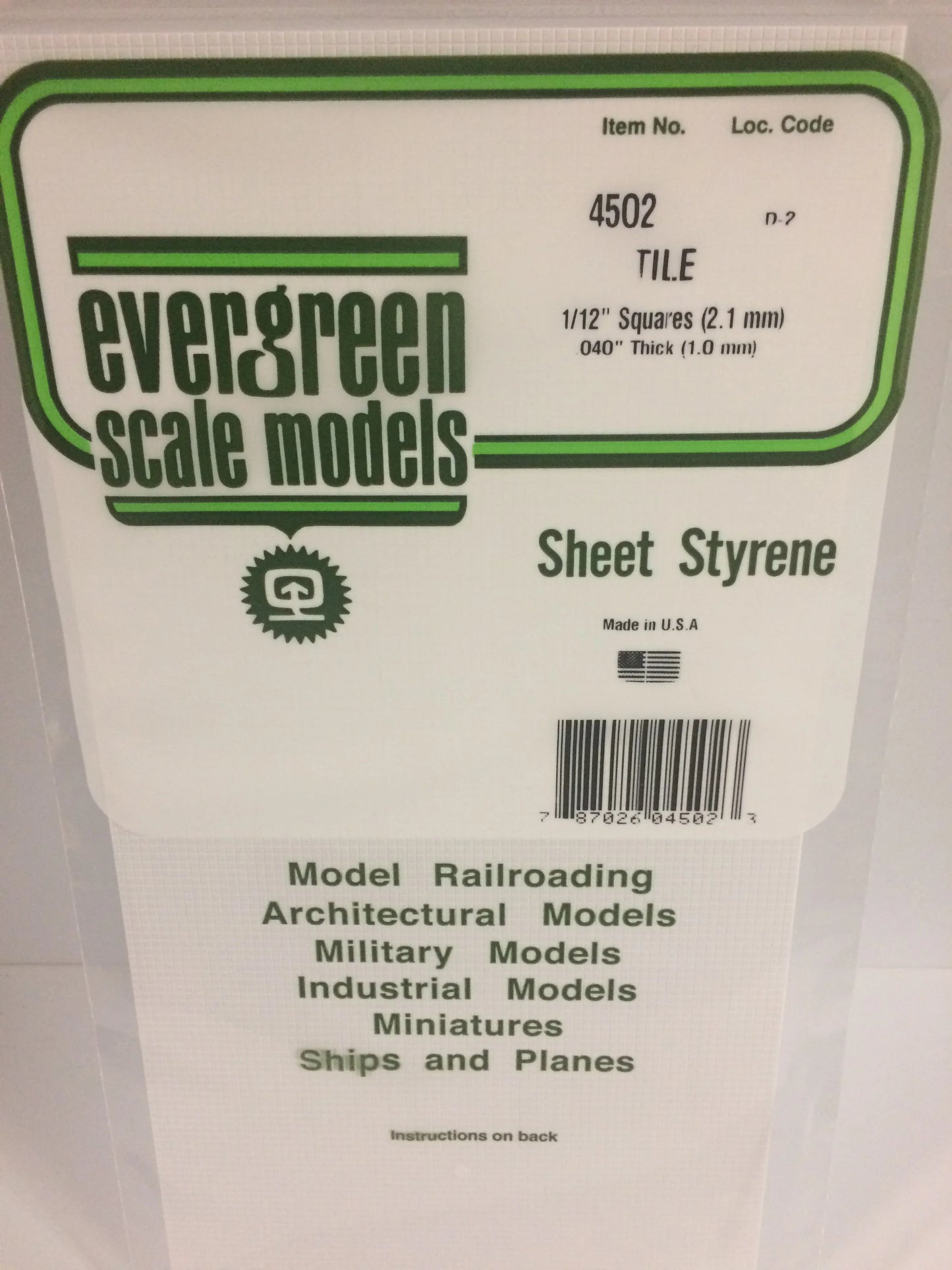 Evergreen White Polystyrene 1/12"(2.1mm) Square Tile 0.040" / 1.0mm x 35cm (1pce) 4502