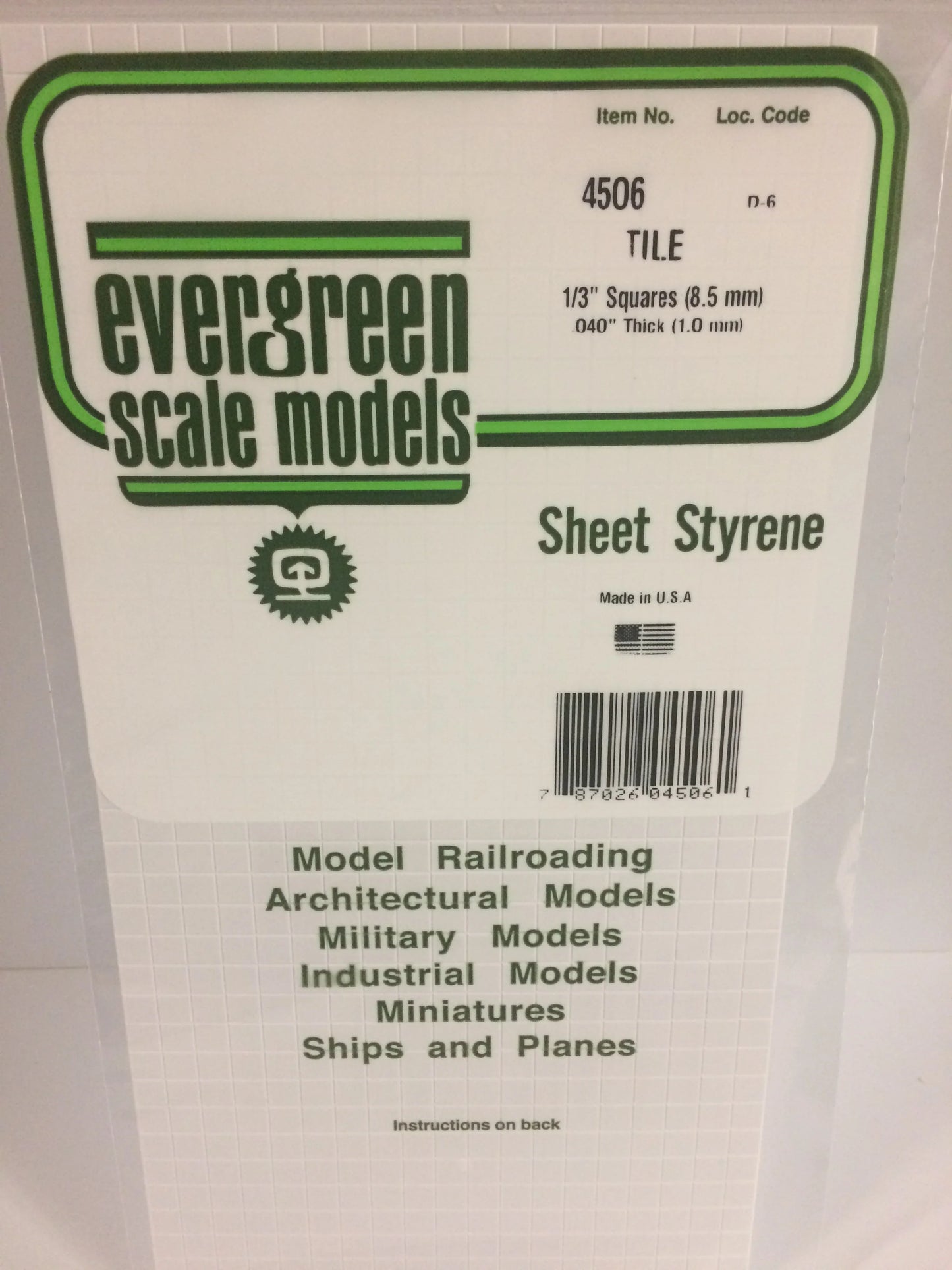Evergreen White Polystyrene 1/3"(8.5mm) Square Tile 0.040" / 1.0mm x 35cm (1pce) 4506