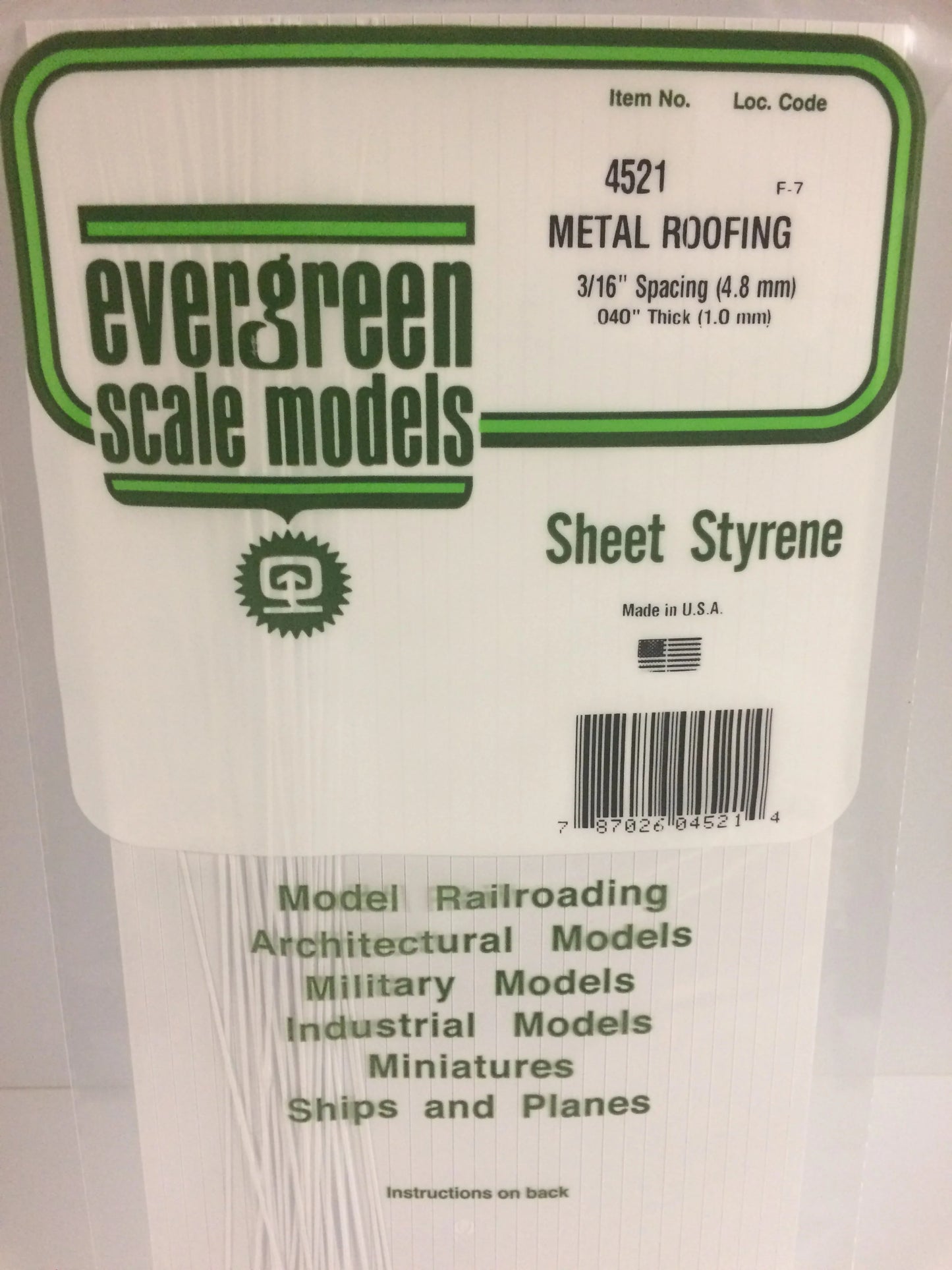 Evergreen White Polystyrene 0.1875"(1.8mm) Standard Seam Roofing 0.040" / 1.0mm x 35cm (1pce) 4521