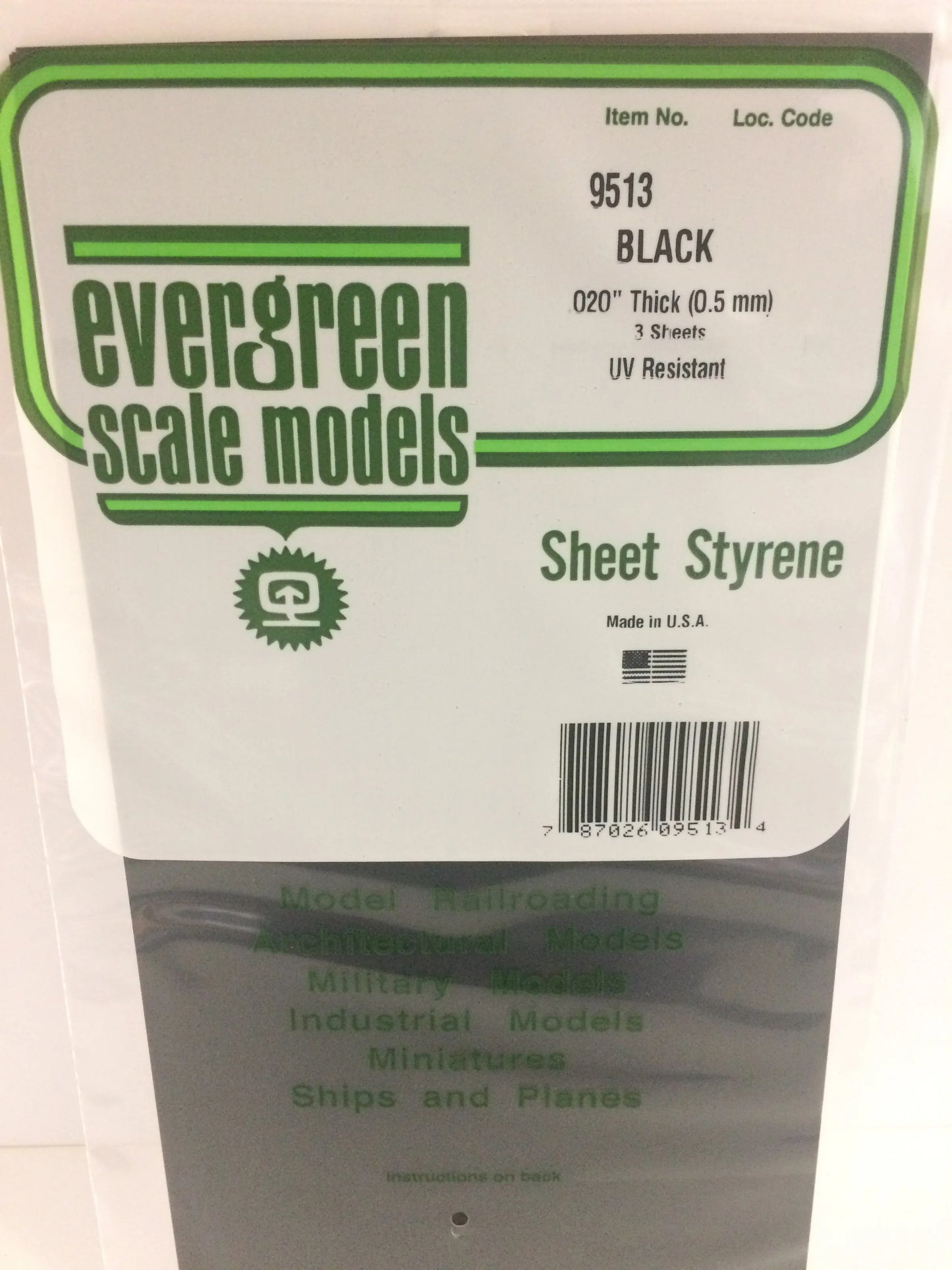 Evergreen BLACK Polystyrene Sheet 0.020 x 6 x 12" / 0.50 x 150 x 300mm (3pce) 9513