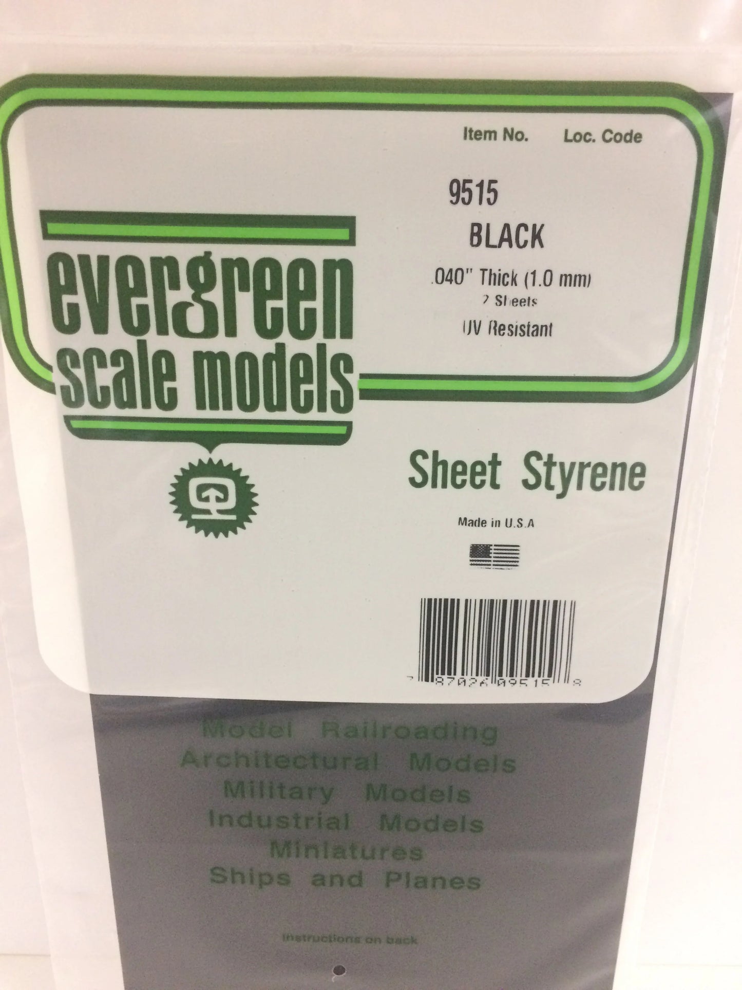 Evergreen BLACK Polystyrene Sheet 0.040 x 6 x 12" / 1.0 x 150 x 300mm (2pce) 9515