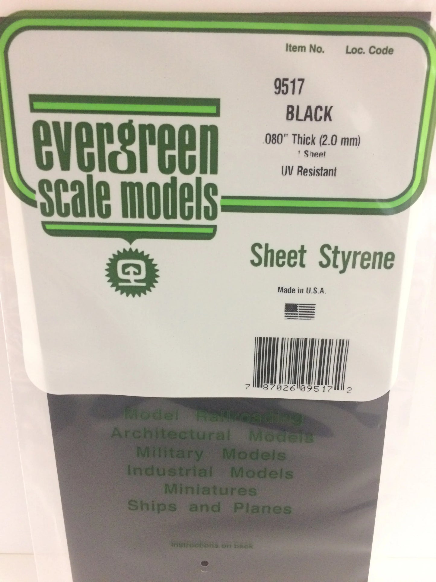 Evergreen BLACK Polystyrene Sheet 0.080 x 6 x 12" / 2.0 x 150 x 300mm (1pce) 9517