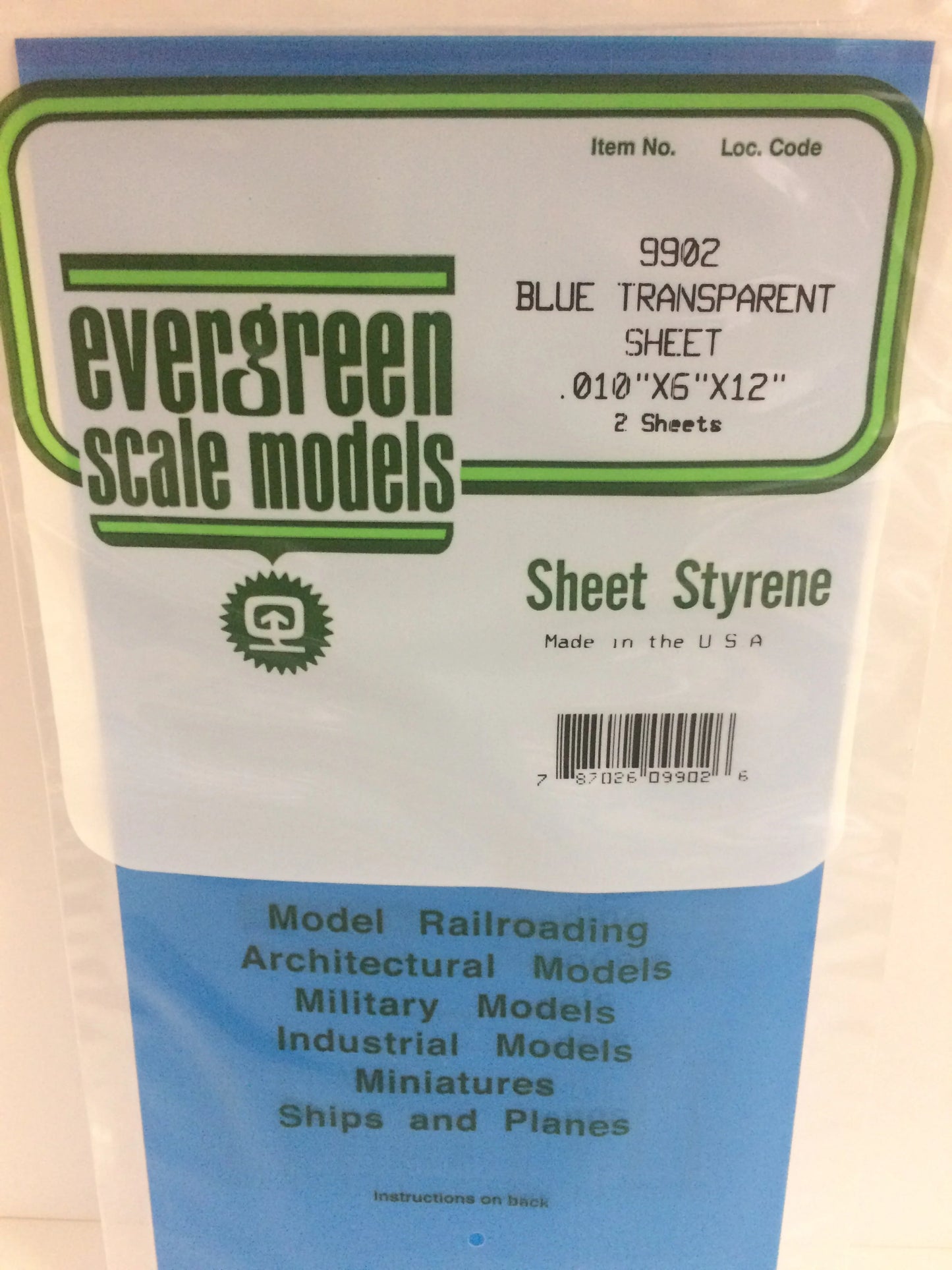 Evergreen BLUE Polystyrene Sheet 0.010 x 6 x 12" / 0.25 x 150 x 300mm (2pce) 9902