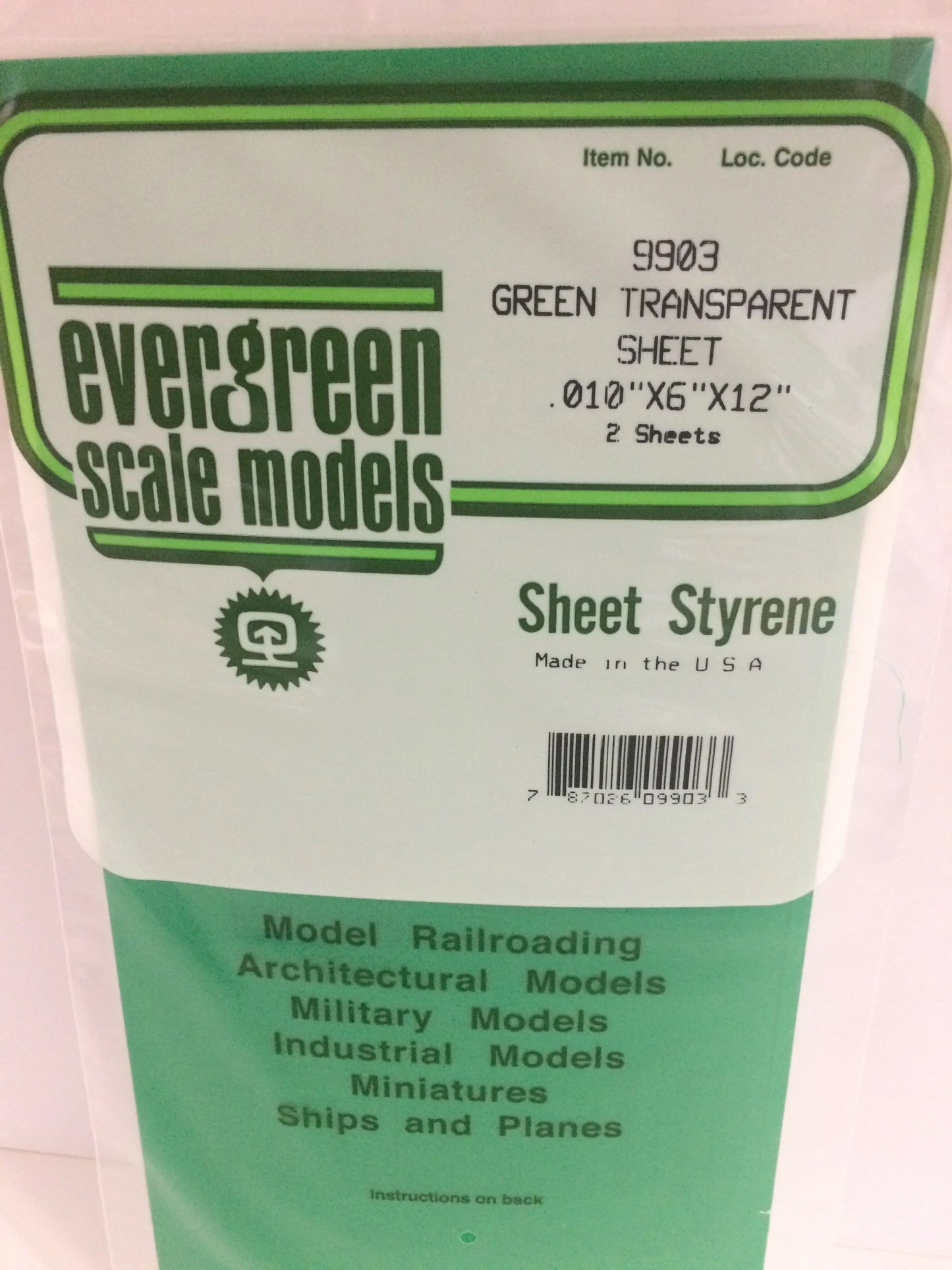 Evergreen GREEN Polystyrene Sheet 0.010 x 6 x 12" / 0.25 x 150 x 300mm (2pce) 9903