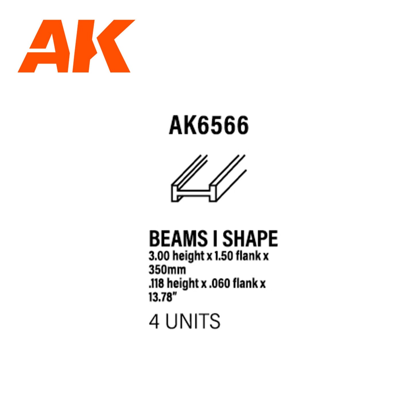 AK Interactive Styrene Beams I Shape 3.0 x 1.2 x 350mm (pack of 4) AK6566