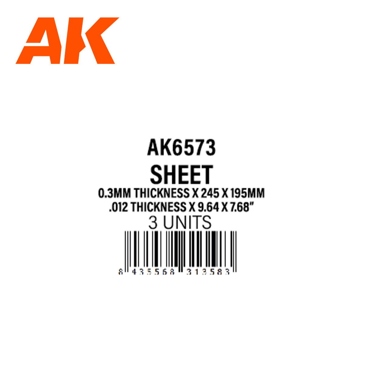 AK Interactive Styrene 0.3mm thickness x 245 x 195mm (pack of 3) AK6573