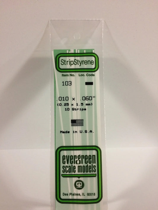 Evergreen White Polystyrene Strip 0.010 x 0.060 x 14" / 0.25 x 1.5 x 35cm (10pce) 103