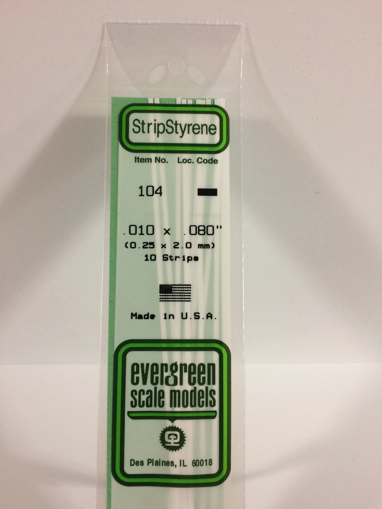 Evergreen White Polystyrene Strip 0.010 x 0.080 x 14" / 0.25 x 2.0 x 35cm (10pce) 104