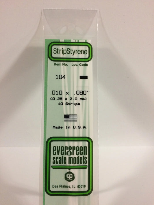 Evergreen White Polystyrene Strip 0.010 x 0.080 x 14" / 0.25 x 2.0 x 35cm (10pce) 104