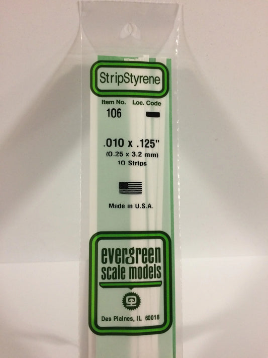 Evergreen White Polystyrene Strip 0.010 x 0.125 x 14" / 0.25 x 3.2 x 35cm (10pce) 106