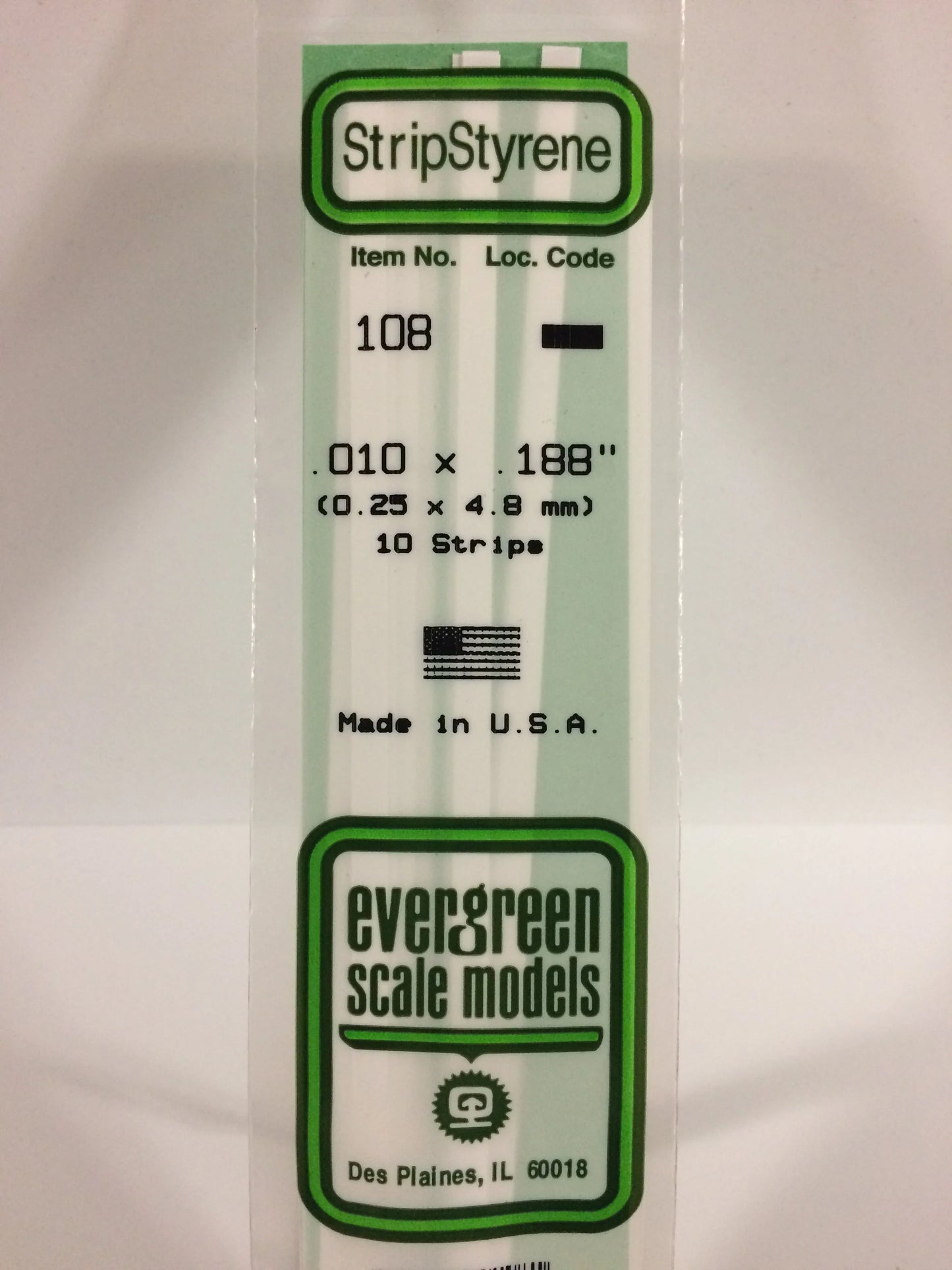Evergreen White Polystyrene Strip 0.010 x 0.188 x 14" / 0.25 x 4.8 x 35cm (10pce) 108