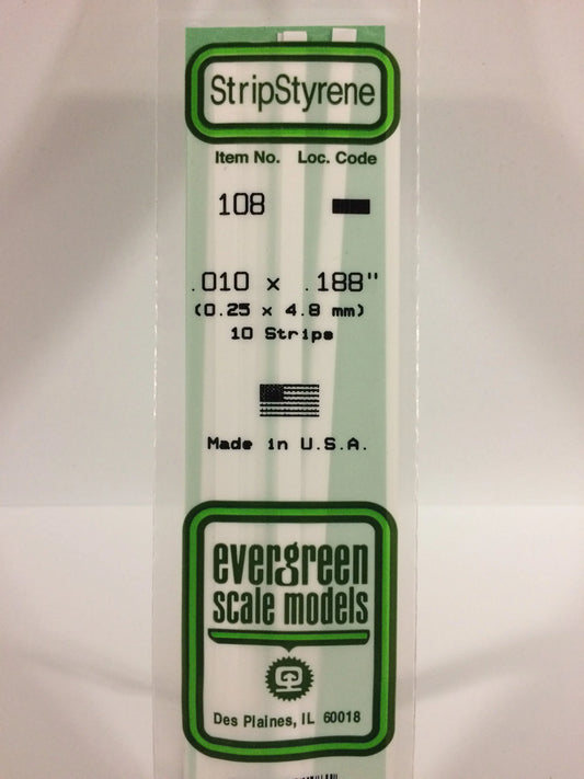 Evergreen White Polystyrene Strip 0.010 x 0.188 x 14" / 0.25 x 4.8 x 35cm (10pce) 108