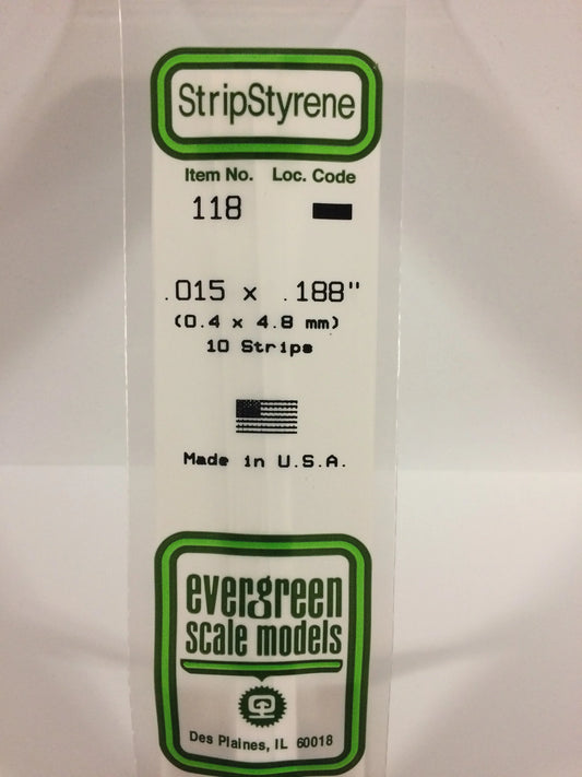 Evergreen White Polystyrene Strip 0.015 x 0.188 x 14" / 0.40 x 4.8 x 35cm (10pce) 118