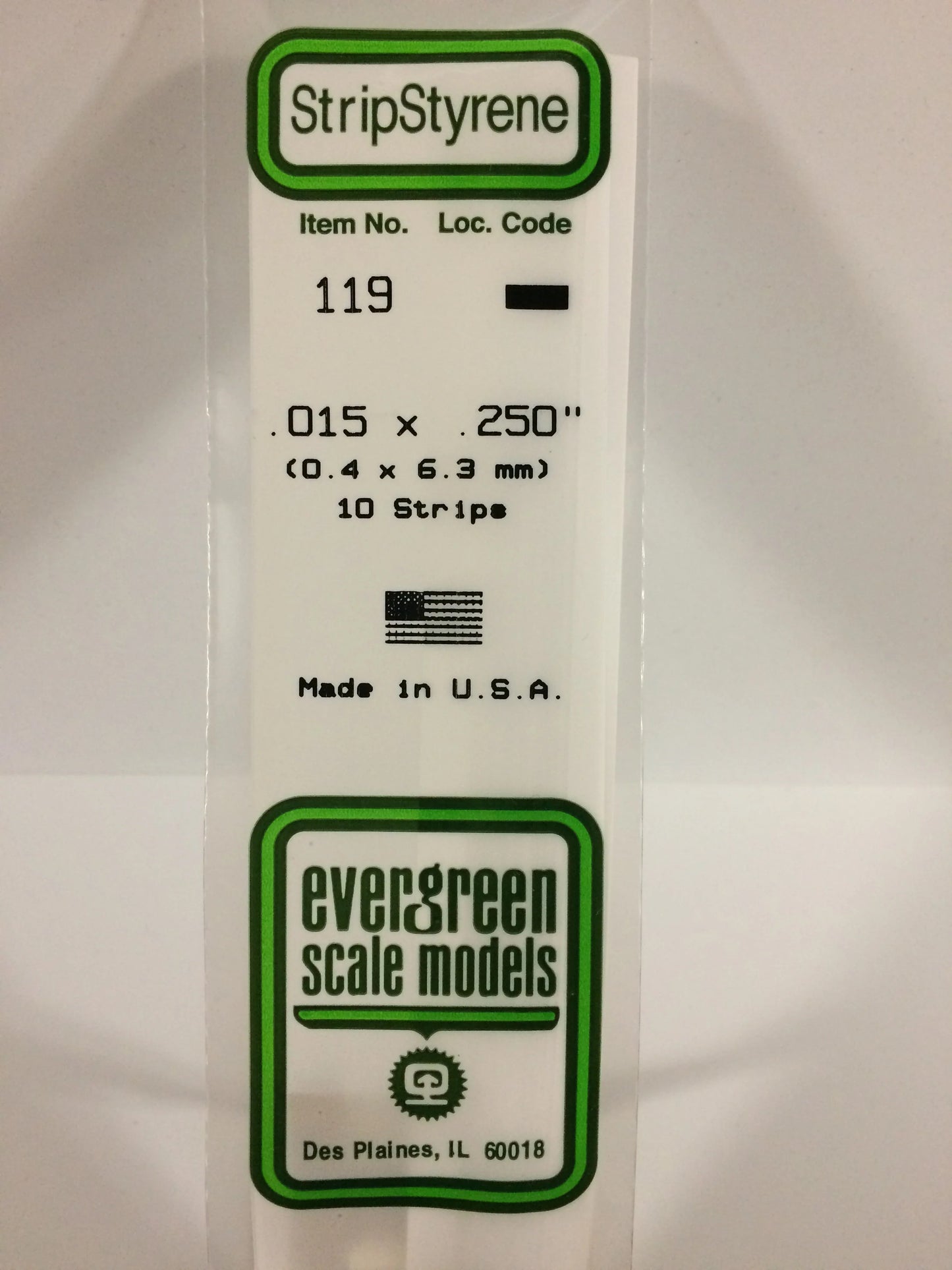 Evergreen White Polystyrene Strip 0.015 x 0.250 x 14" / 0.40 x 6.3 x 35cm (10pce) 119