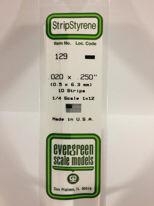 Evergreen White Polystyrene Strip 0.020 x 0.250 x 14" / 0.50 x 6.3 x 35cm (10pce) 129