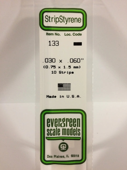 Evergreen White Polystyrene Strip 0.030 x 0.060 x 14" / 0.75 x 1.5 x 35cm (10pce) 133