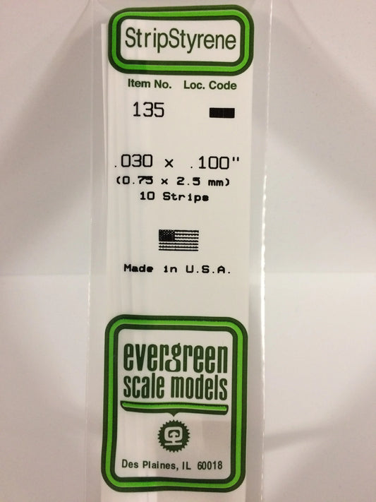 Evergreen White Polystyrene Strip 0.030 x 0.100 x 14" / 0.75 x 2.5 x 35cm (10pce) 135