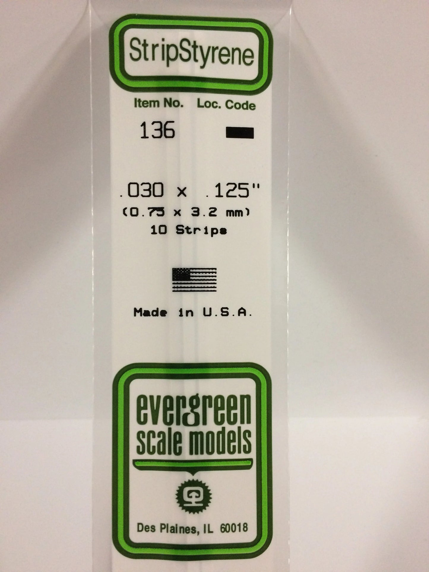 Evergreen White Polystyrene Strip 0.030 x 0.125 x 14" / 0.75 x 3.2 x 35cm (10pce) 136