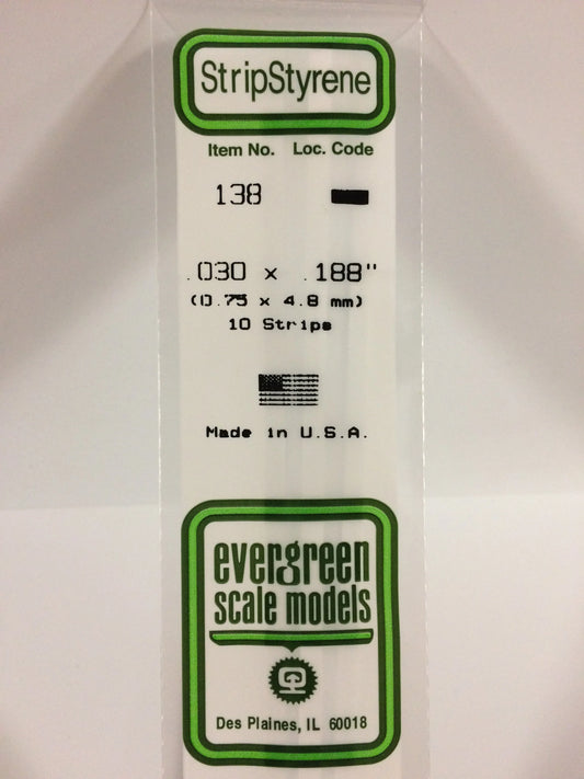 Evergreen White Polystyrene Strip 0.030 x 0.188 x 14" / 0.75 x 4.8 x 35cm (10pce) 138