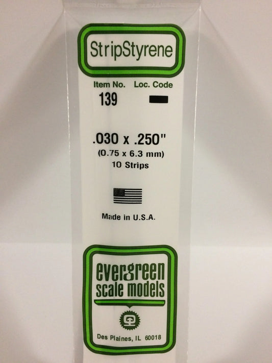 Evergreen White Polystyrene Strip 0.030 x 0.250 x 14" / 0.75 x 6.3 x 35cm (10pce) 139