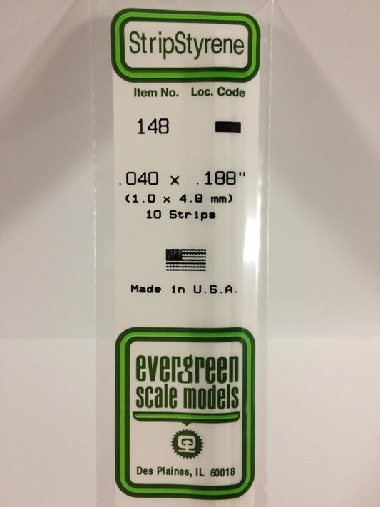 Evergreen White Polystyrene Strip 0.040 x 0.188 x 14" / 1.0 x 4.8 x 35cm (10pce) 148