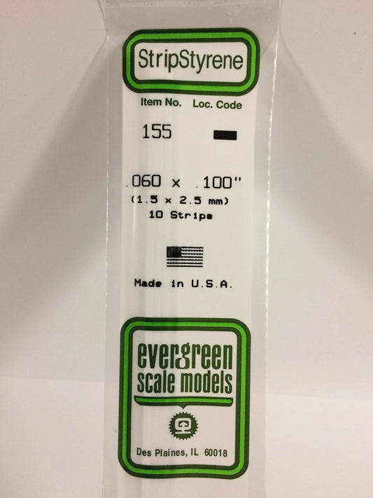Evergreen White Polystyrene Strip 0.060 x 0.100 x 14" / 1.5 x 2.5 x 35cm (10pce) 155