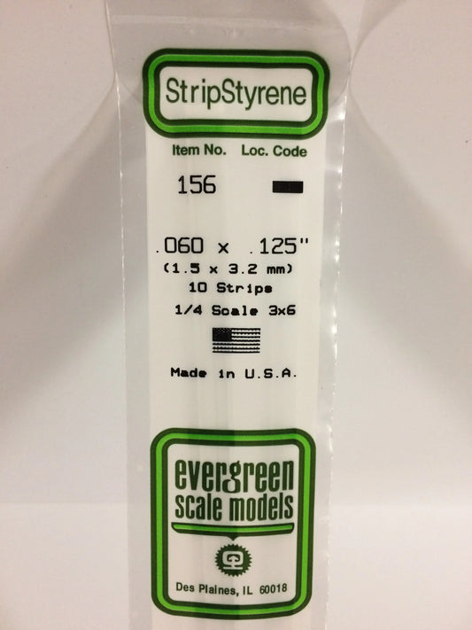 Evergreen White Polystyrene Strip 0.060 x 0.125 x 14" / 1.5 x 3.2 x 35cm (10pce) 156