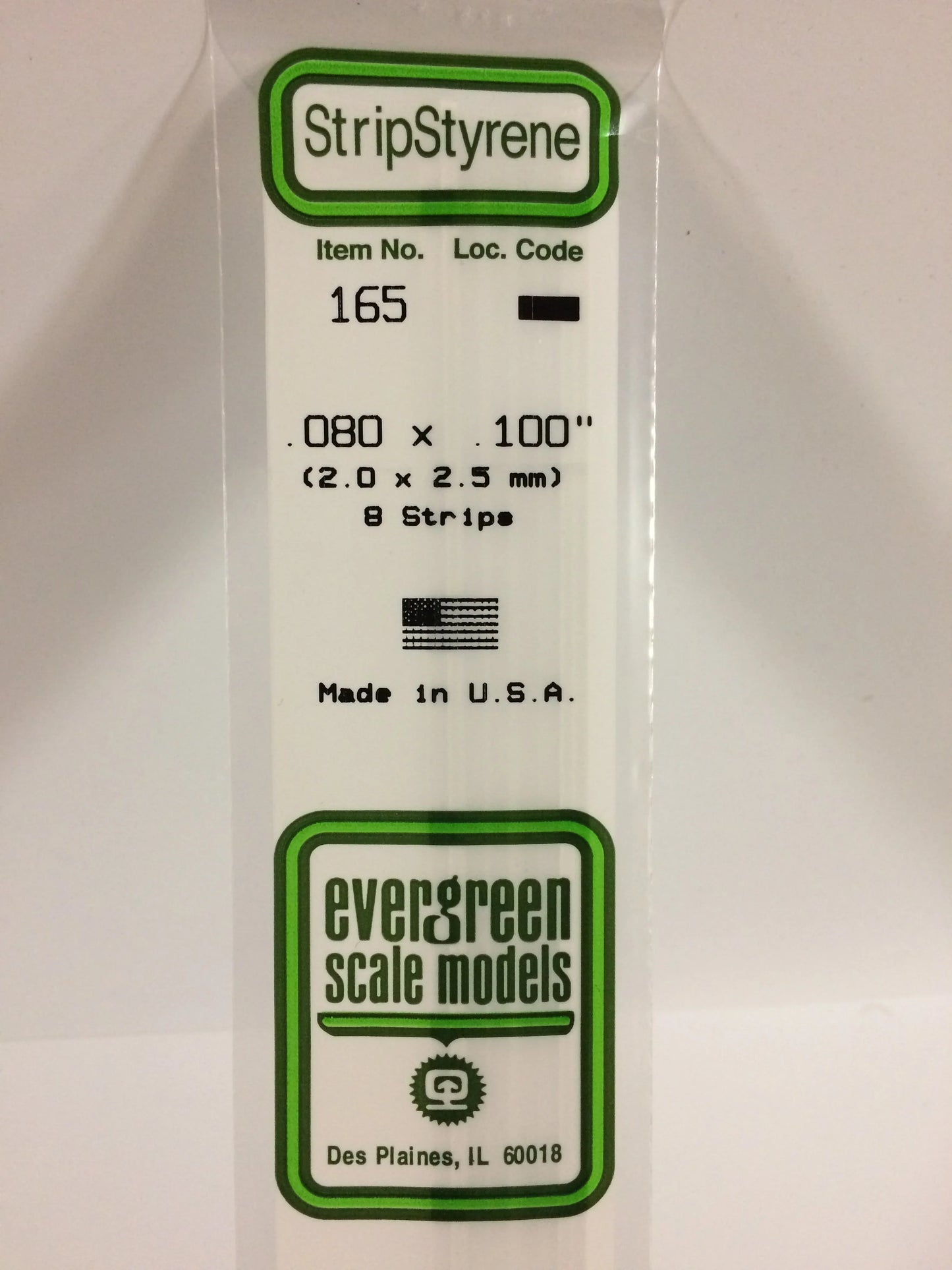 Evergreen White Polystyrene Strip 0.080 x 0.100 x 14" / 2.0 x 2.5 x 35cm (8pce) 165