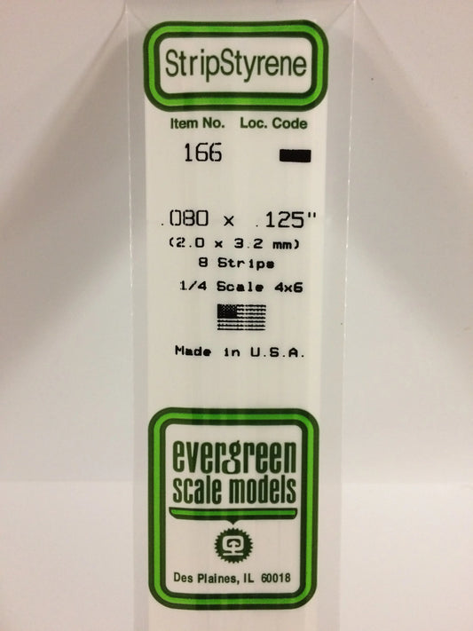 Evergreen White Polystyrene Strip 0.080 x 0.125 x 14" / 2.0 x 3.2 x 35cm (8pce) 166