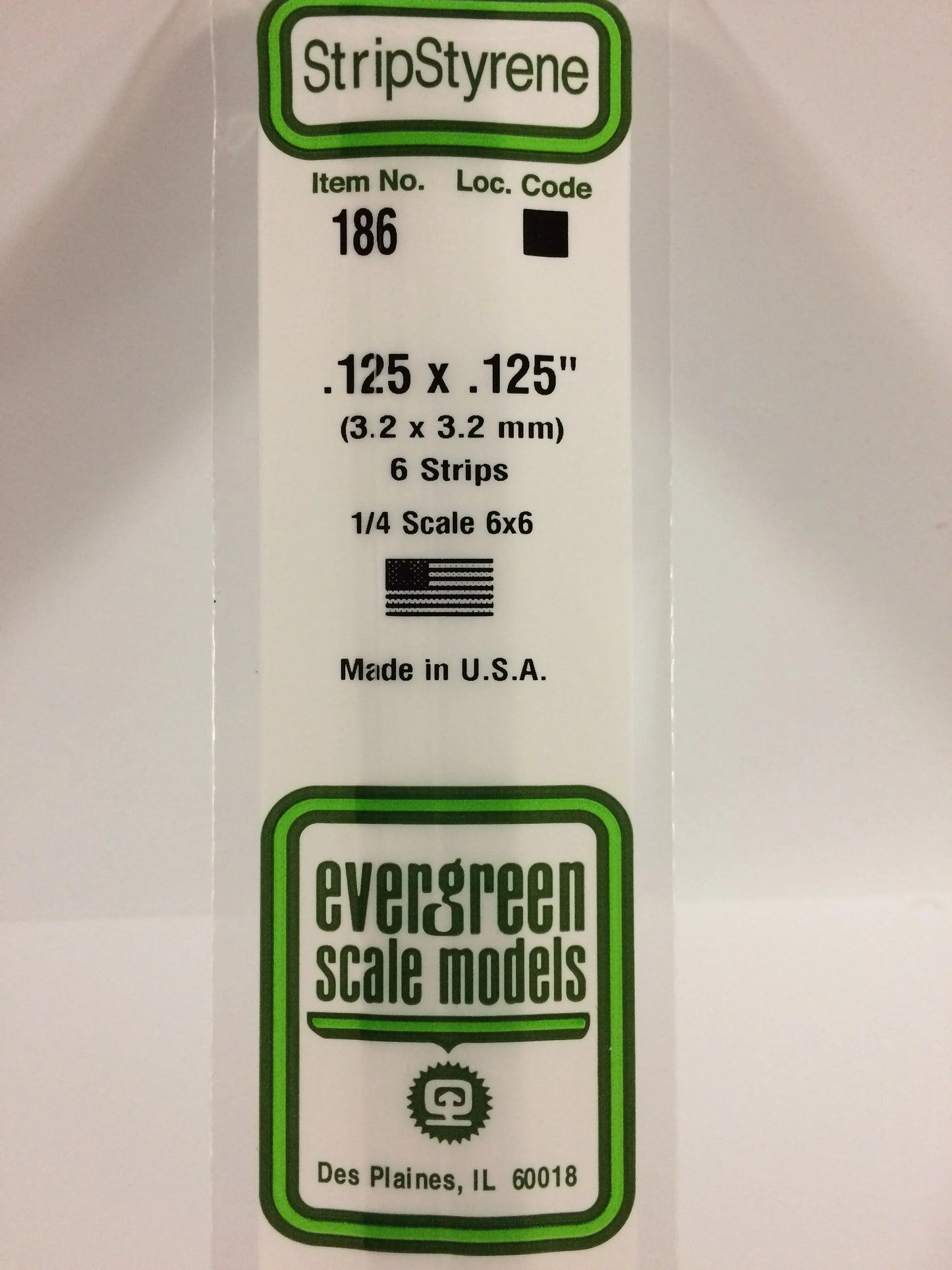 Evergreen White Polystyrene Strip 0.125 x 0.125 x 14" / 3.2 x 3.2 x 35cm (6pce) 186