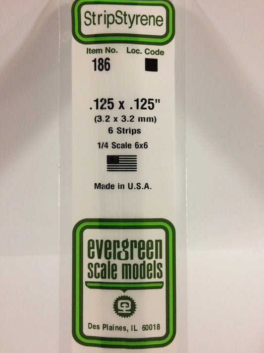 Evergreen White Polystyrene Strip 0.125 x 0.125 x 14" / 3.2 x 3.2 x 35cm (6pce) 186