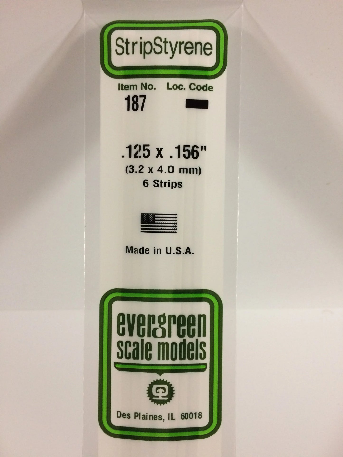 Evergreen White Polystyrene Strip 0.125 x 0.156 x 14" / 3.2 x 4.0 x 35cm (6pce) 187