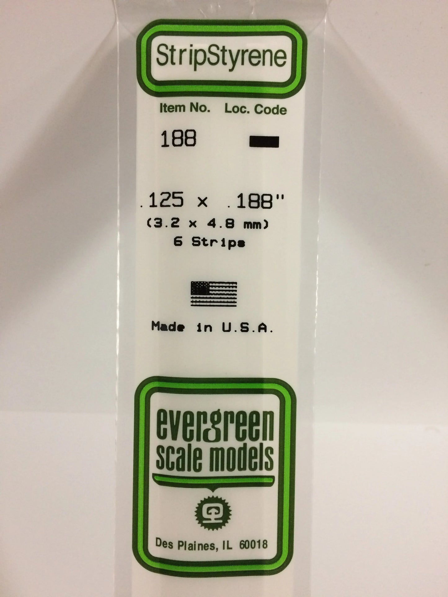 Evergreen White Polystyrene Strip 0.125 x 0.188 x 14" / 3.2 x 4.8 x 35cm (6pce) 188