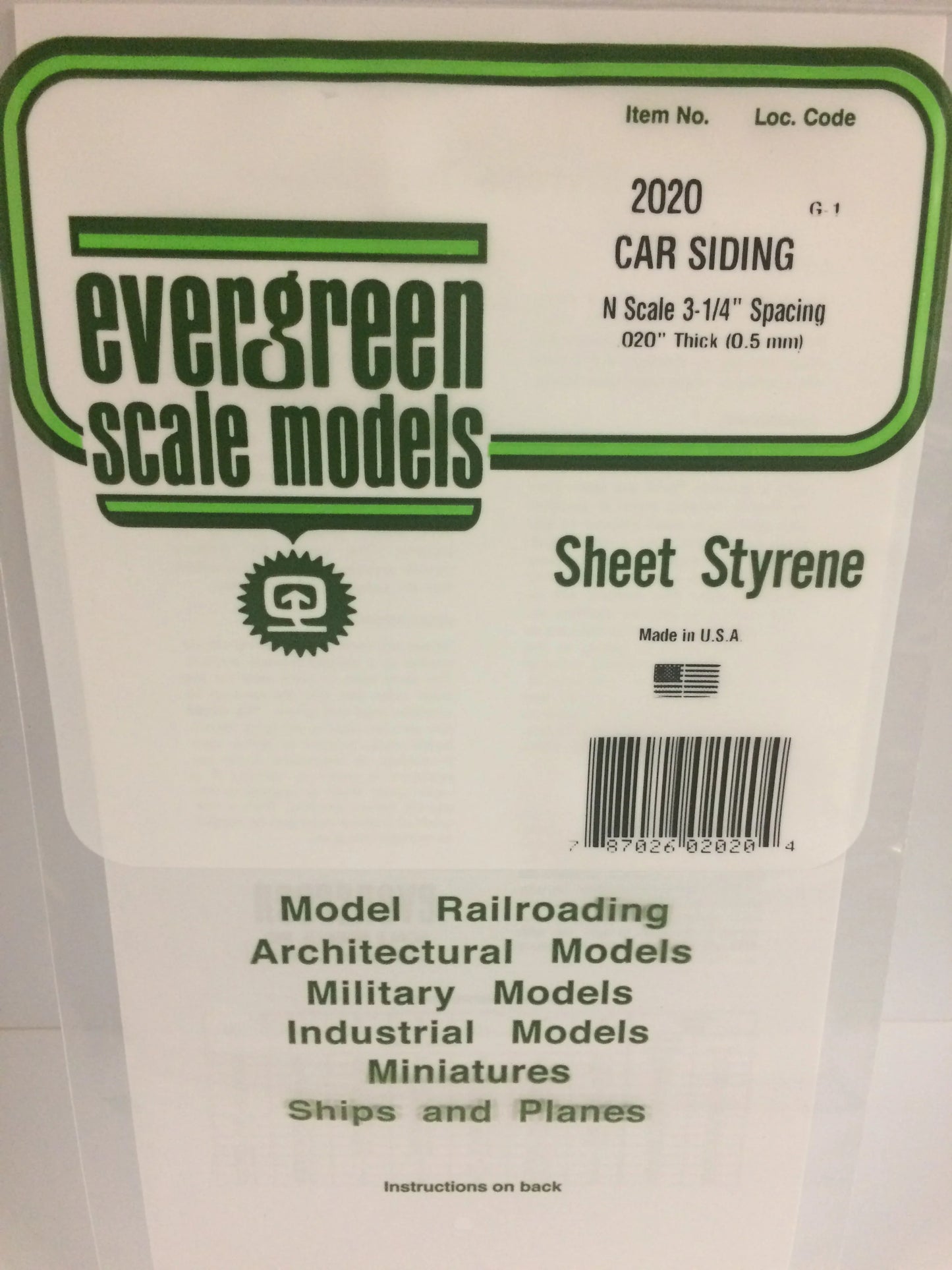 Evergreen White Polystyrene 0.020"(0.50mm) Freight Car Siding 0.020" / 0.5mm x 35cm (1pce) 2020