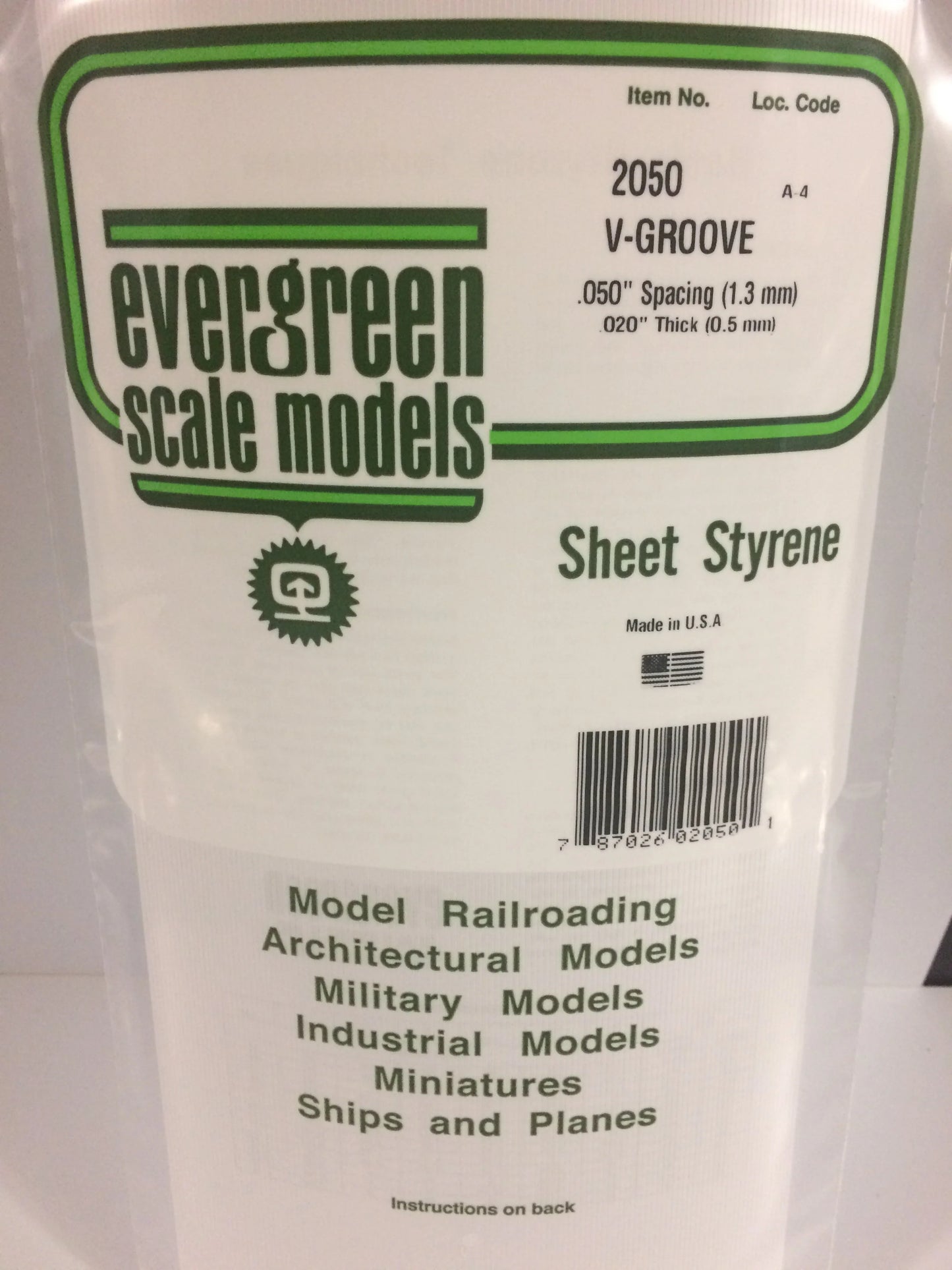 Evergreen White Polystyrene 0.050"(1.3mm) V Groove Siding 0.020" / 0.50mm x 35cm (1pce) 2050