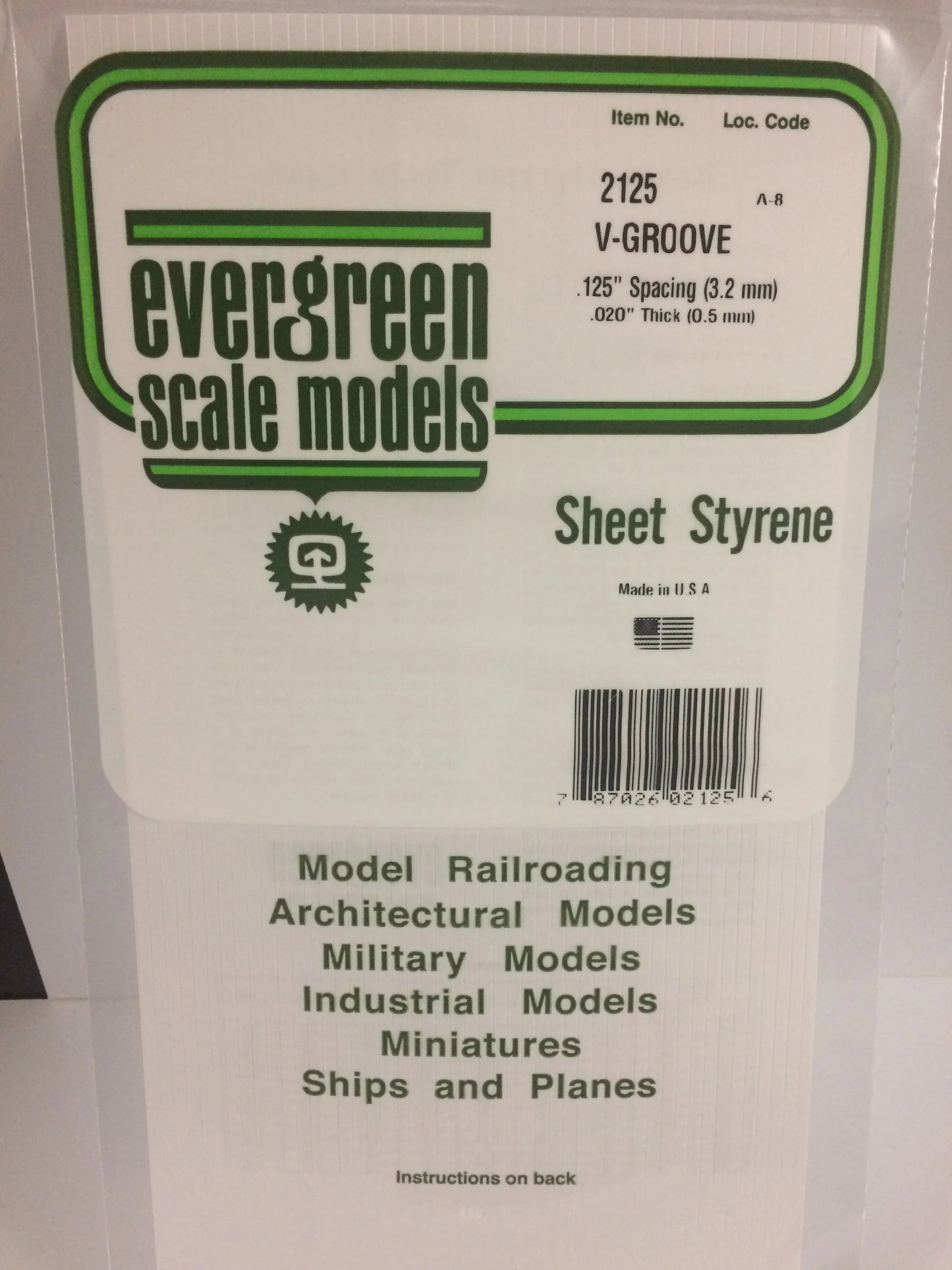 Evergreen White Polystyrene 0.125"(3.2mm) V Groove Siding 0.020" / 0.50mm x 35cm (1pce) 2125