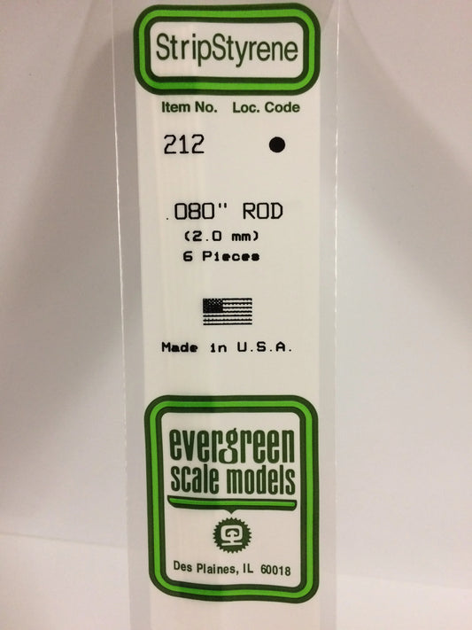 Evergreen White Polystyrene Rod 0.080"/ 2.0mm x 35cm (6pce) 212