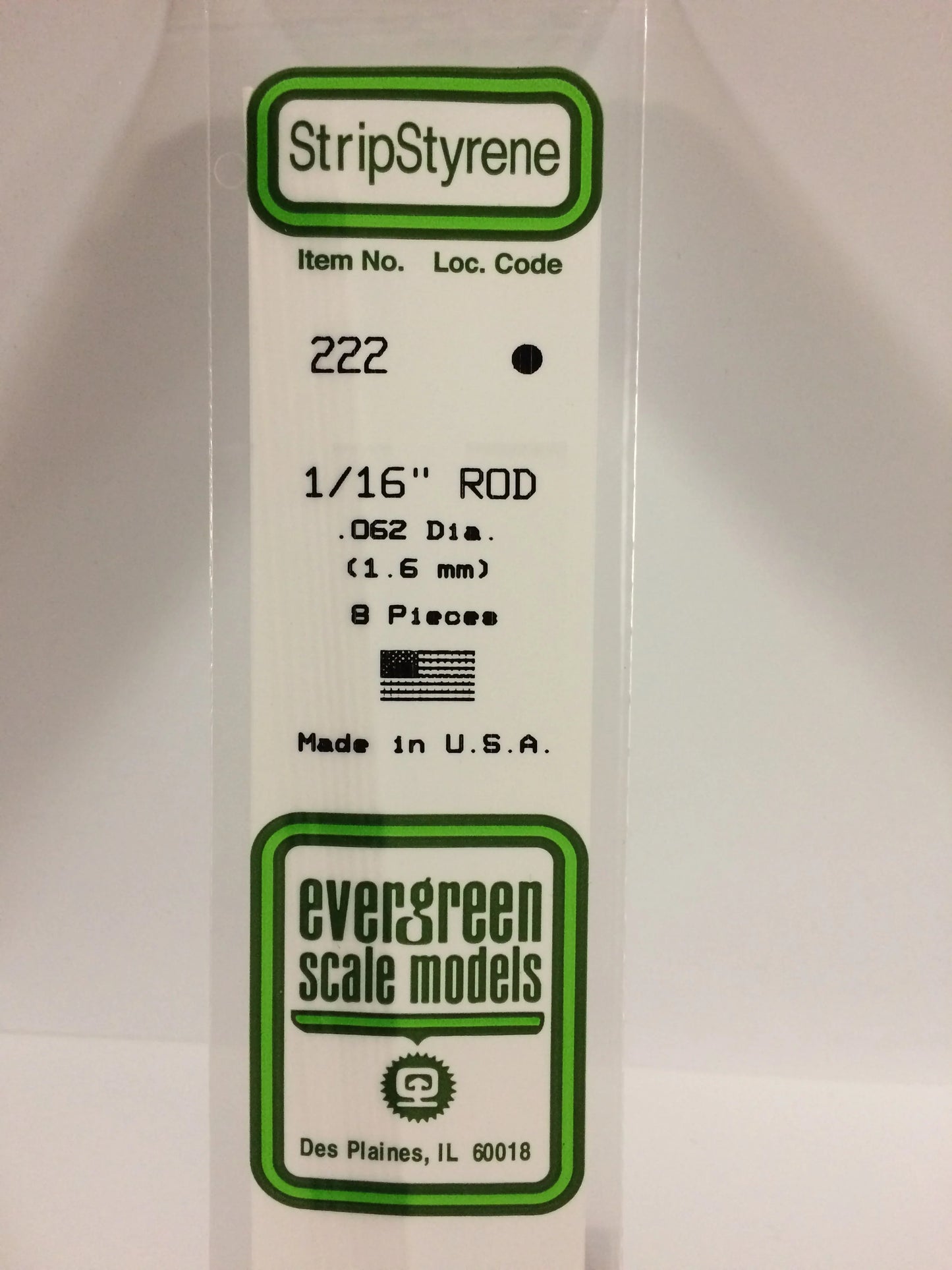 Evergreen White Polystyrene Rod 0.062"/ 1.6mm x 35cm (8pce) 222