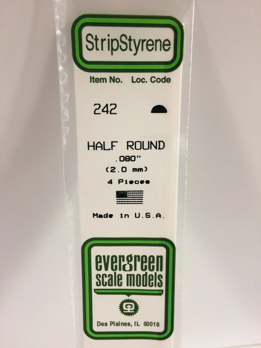 Evergreen White Polystyrene Half Round Rods 0.080"/ 2.0mm x 35cm (4pce) 242