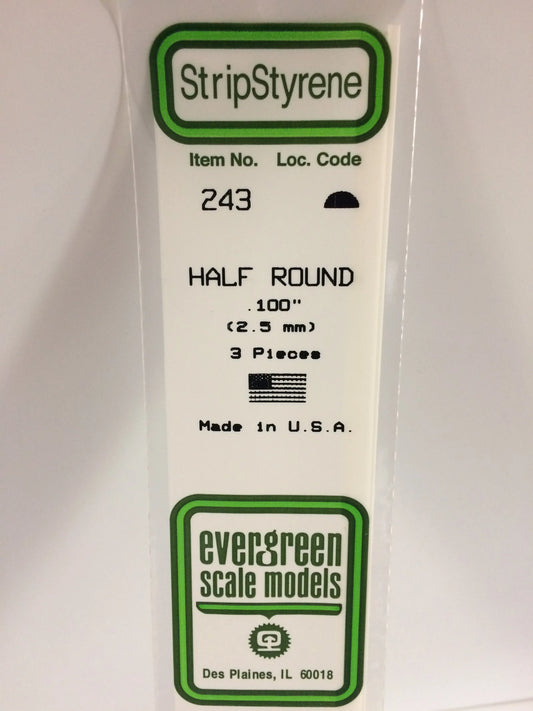 Evergreen White Polystyrene Half Round Rods 0.100"/ 2.5mm x 35cm (3pce) 243