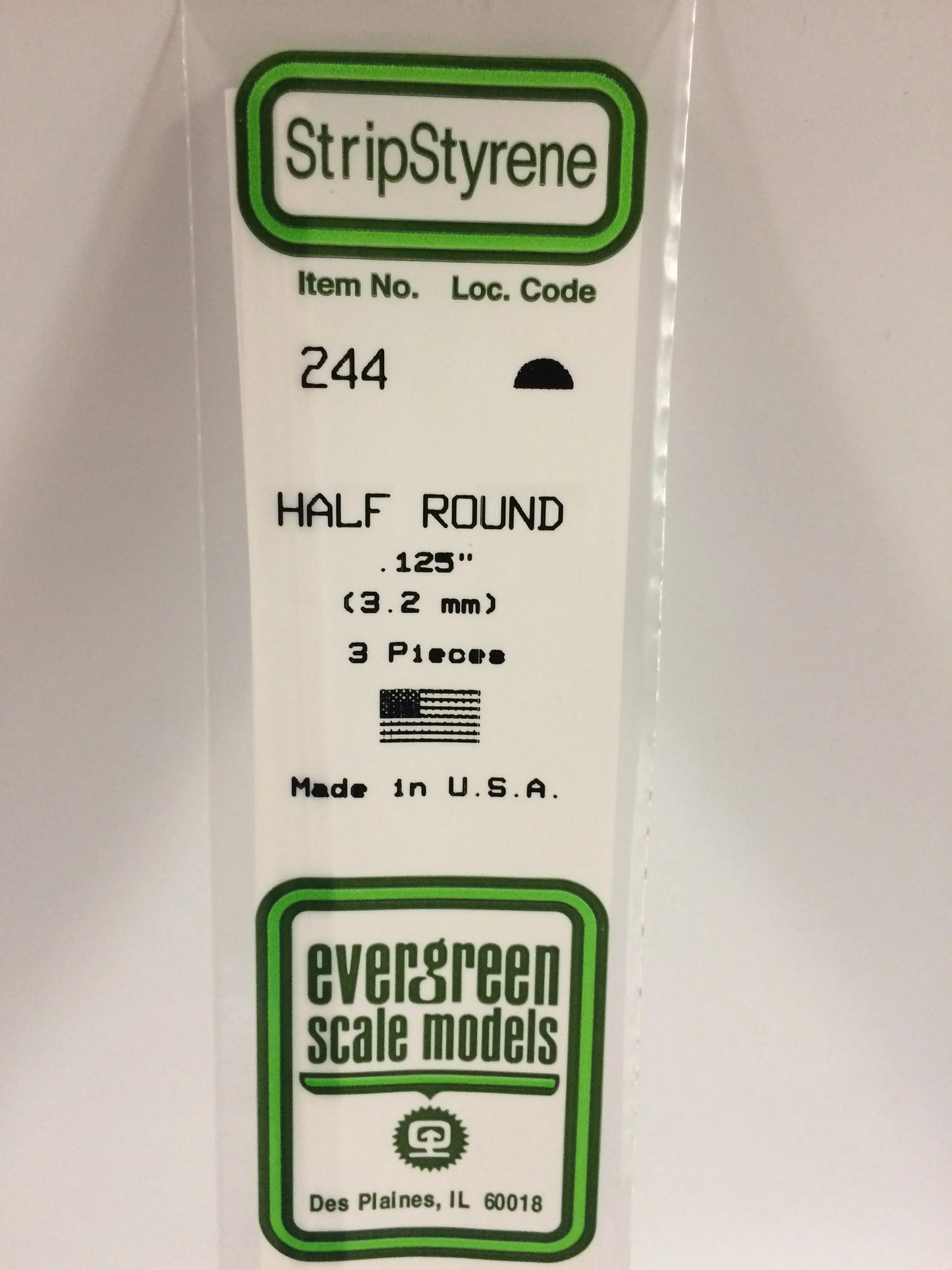 Evergreen White Polystyrene Half Round Rods 0.125"/ 3.2mm x 35cm (3pce) 244