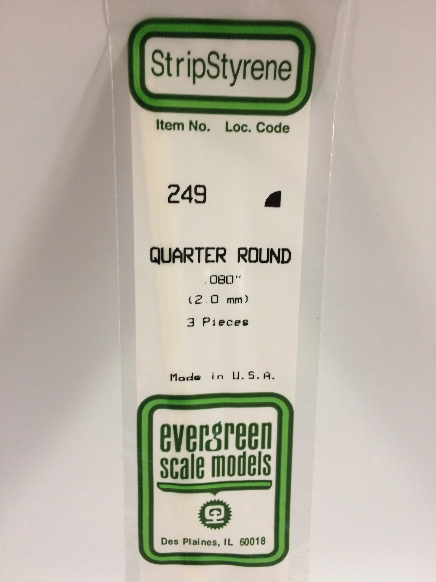 Evergreen White Polystyrene Quarter Round Rods 0.080"/ 2.0mm x 35cm (3pce) 249