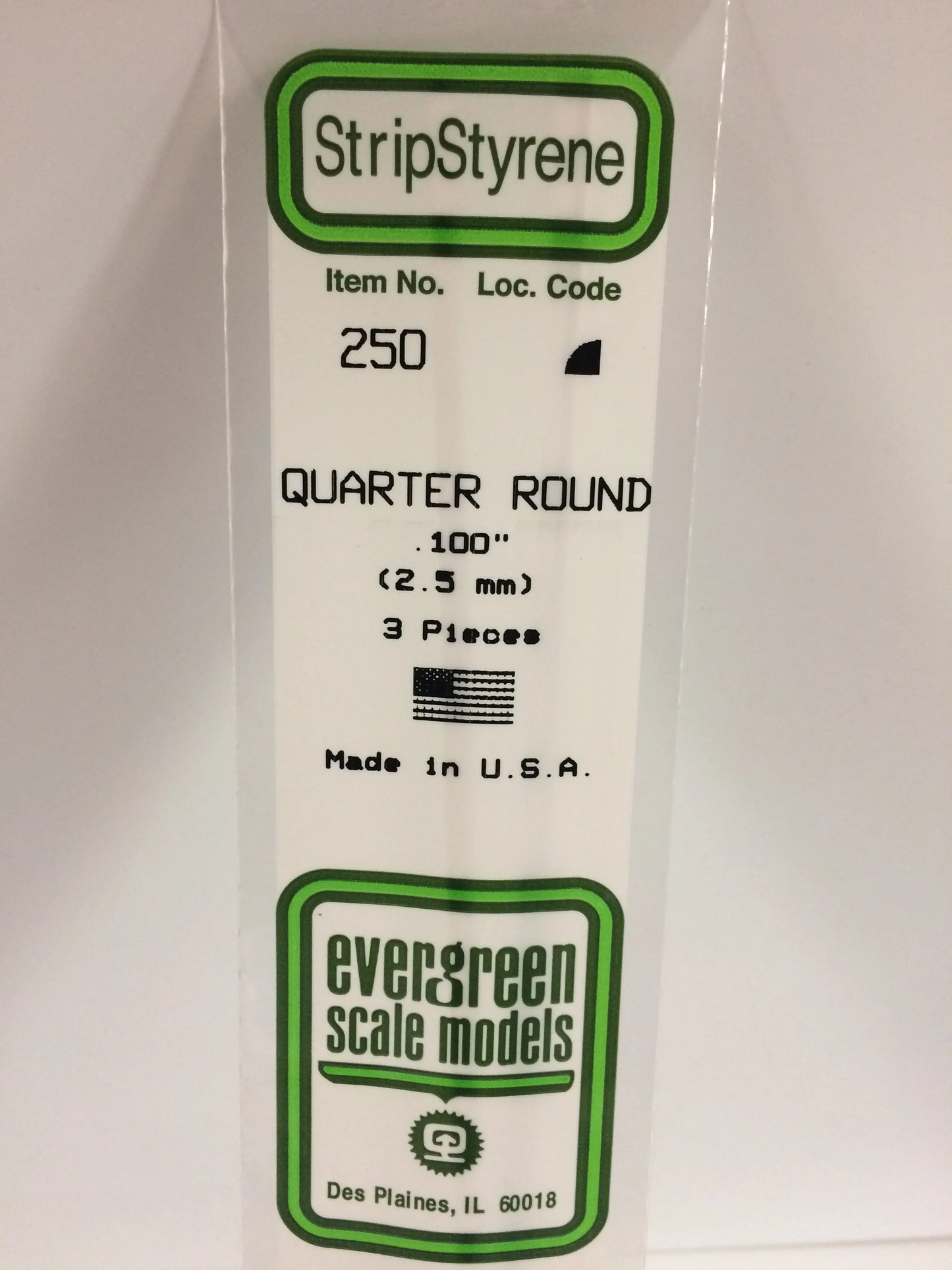 Evergreen White Polystyrene Quarter Round Rods 0.100"/ 2.5mm x 35cm (3pce) 250