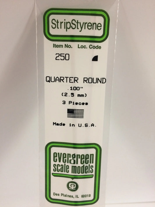 Evergreen White Polystyrene Quarter Round Rods 0.100"/ 2.5mm x 35cm (3pce) 250