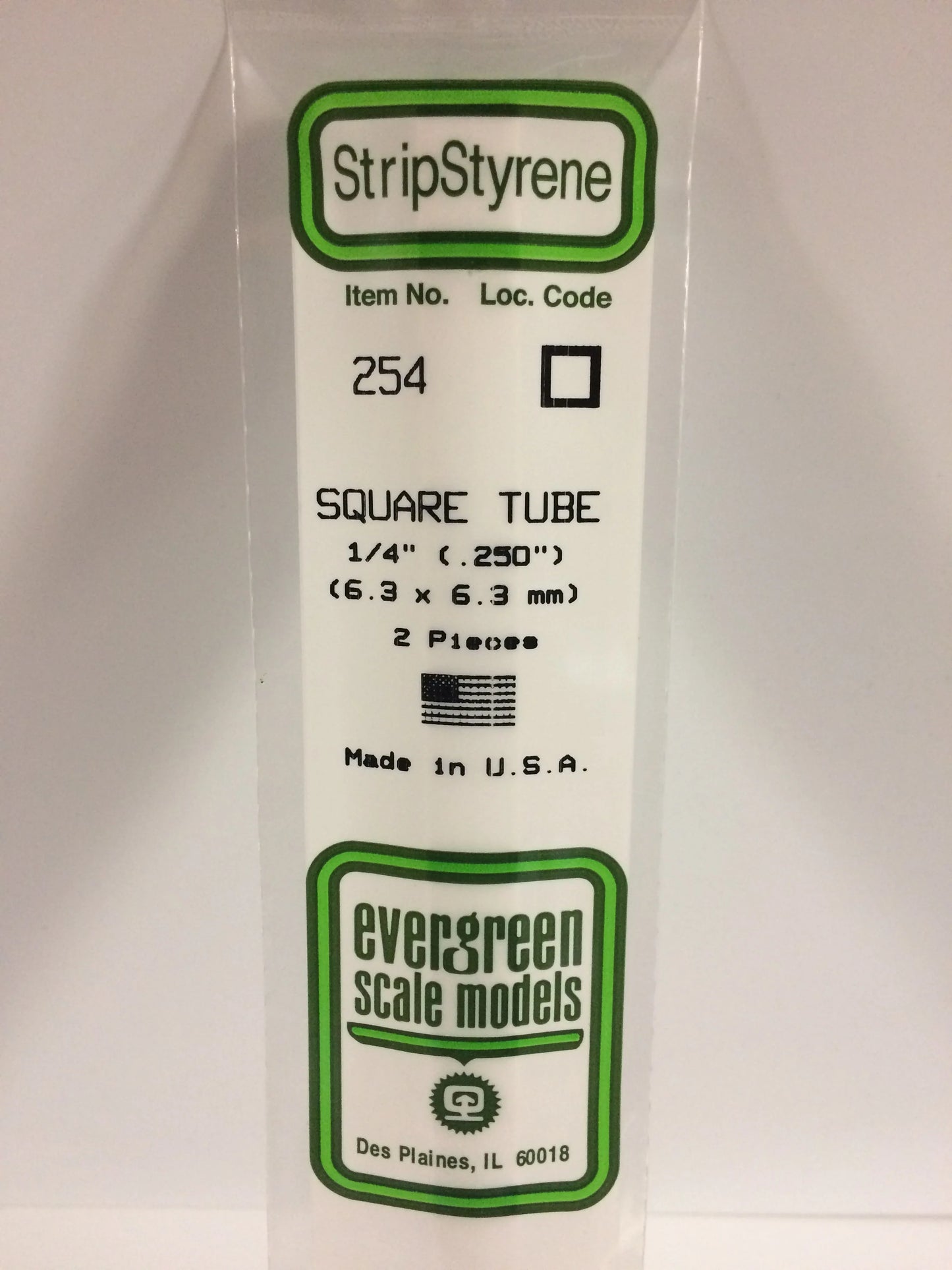 Evergreen White Polystyrene Square Tube 0.250" (1/4) / 6.3mm x 35cm (2pce) 254