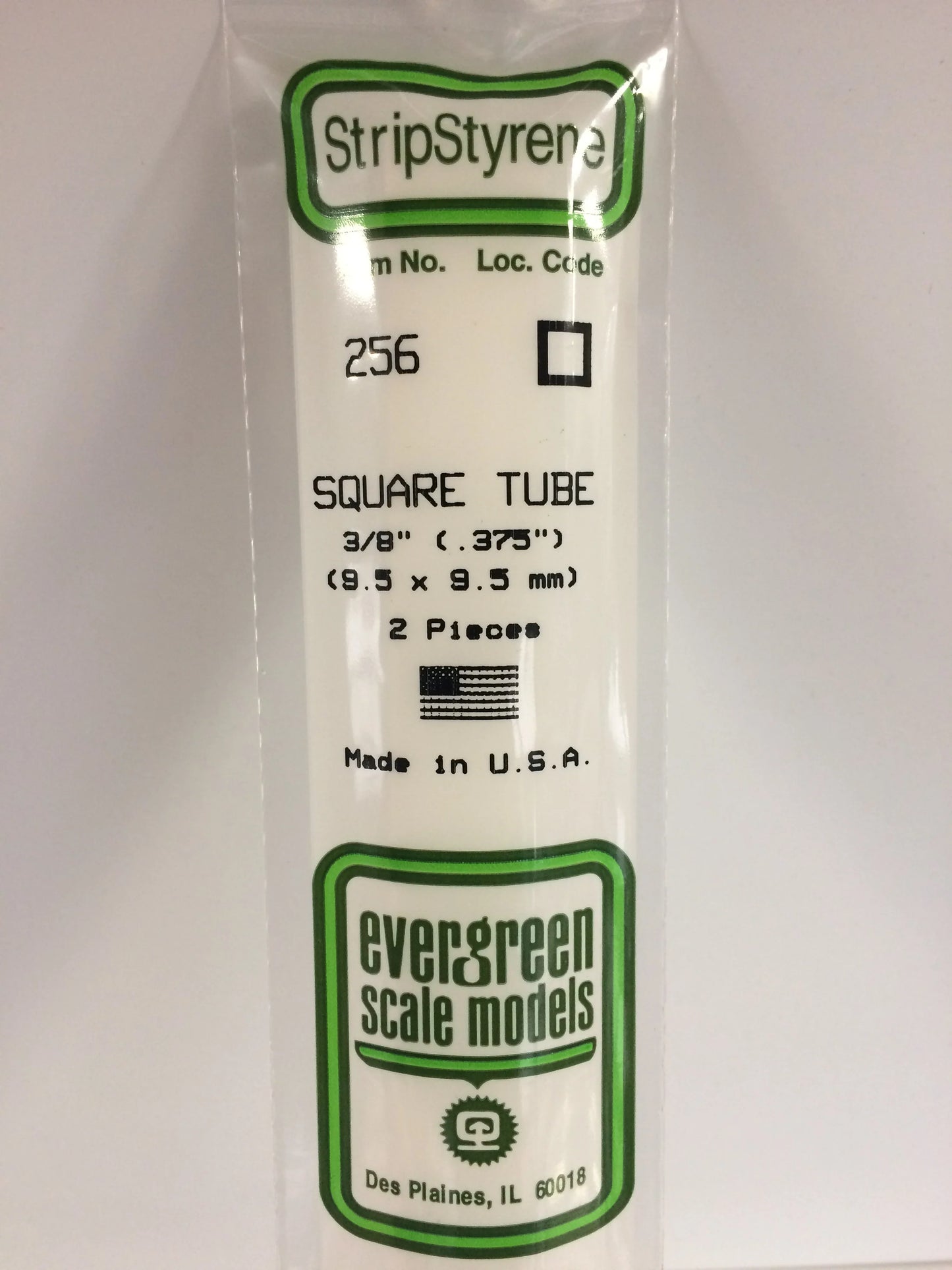 Evergreen White Polystyrene Square Tube 0.375" (3/8) / 9.5mm x 35cm (2pce) 256