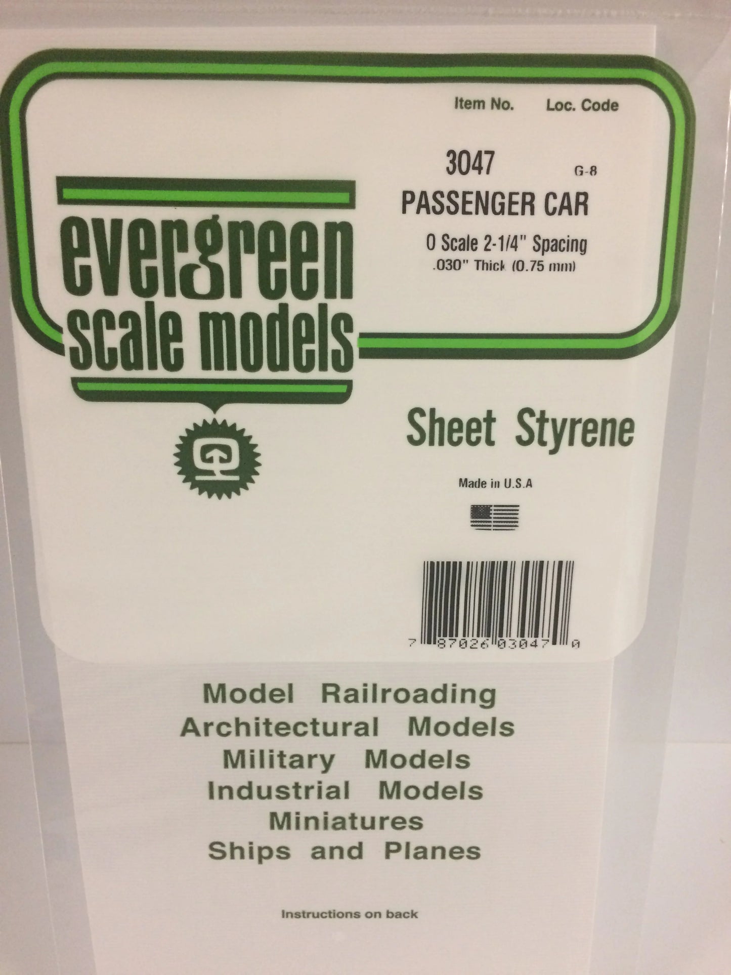 Evergreen White Polystyrene 0.047"(1.21mm) O Passenger Car Siding 0.030" / 0.75mm x 35cm (1pce) 3047