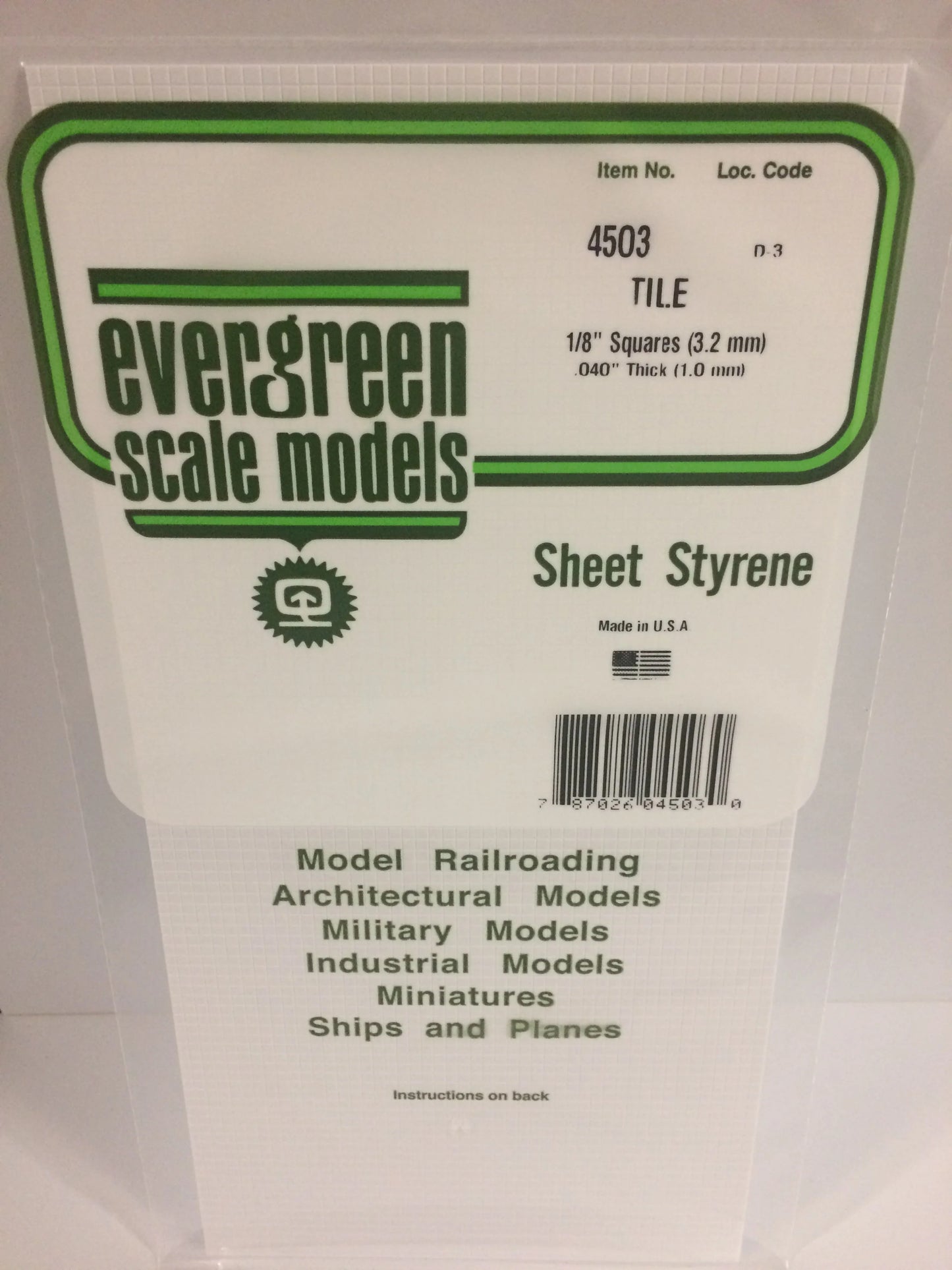 Evergreen White Polystyrene 1/8"(3.2mm) Square Tile 0.040" / 1.0mm x 35cm (1pce) 4503